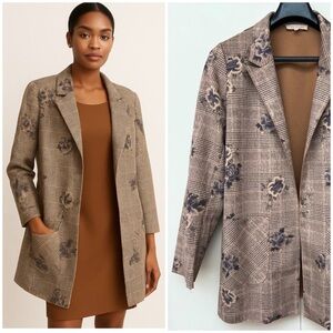 Solitaire | Brown & Tan Floral & Houndstooth Checkered long Mirco Suede Jacket